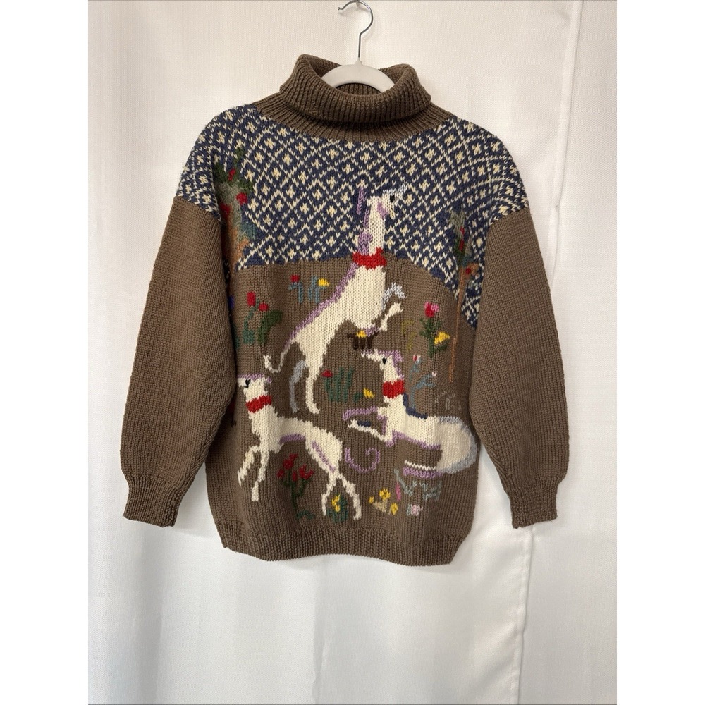 VTG Roberta Frost Hand Knit 100% Virgin Wool Sweater Sz M Borzoi Greyhound Dogs